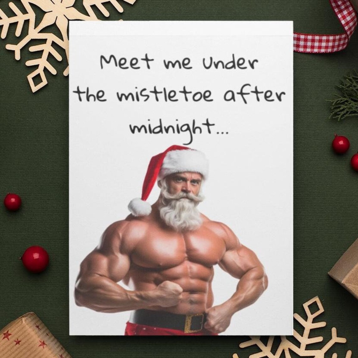 Muscle Santa Mistletoe Funny Christmas Card Humor Art Poster