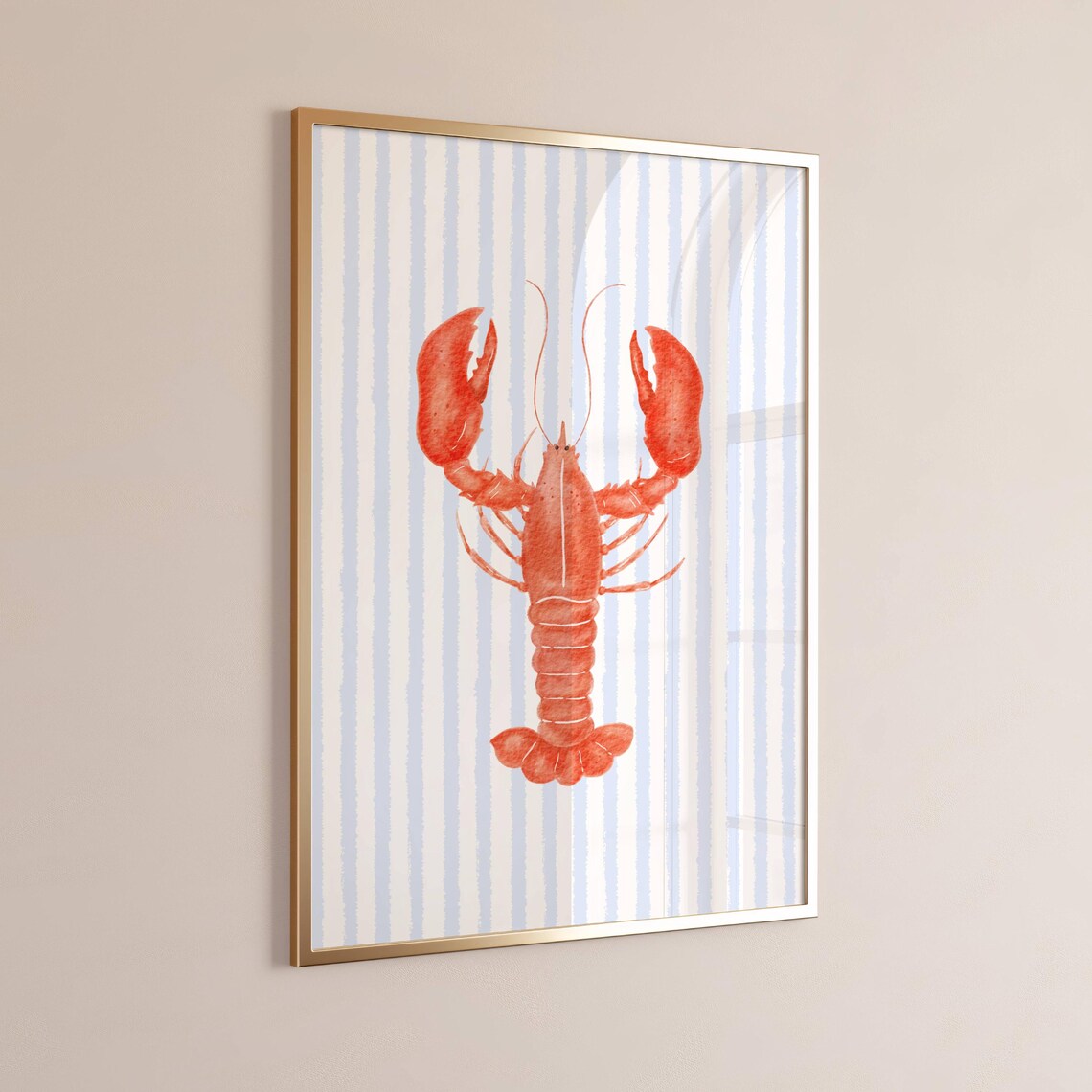 Lobster Print With Blue Stripes Costal Wall Art