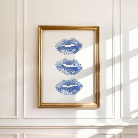 Blue Lipstick Kiss Marks Triple Coquette Chic Dorm Room Poster