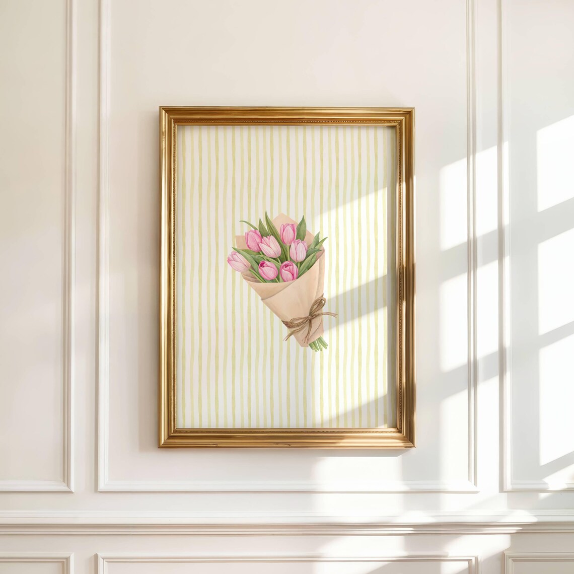 Pink Tulip Bouquet Wrapped Brown Paper Yellow Stripes Floral Poster
