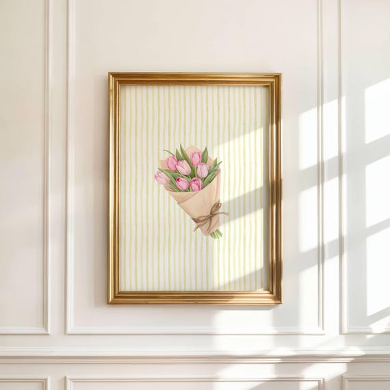 Pink Tulip Bouquet With Yellow Stripes Print Cute Girly Wall Art For Dorm Or Bedroom Preppy Decor