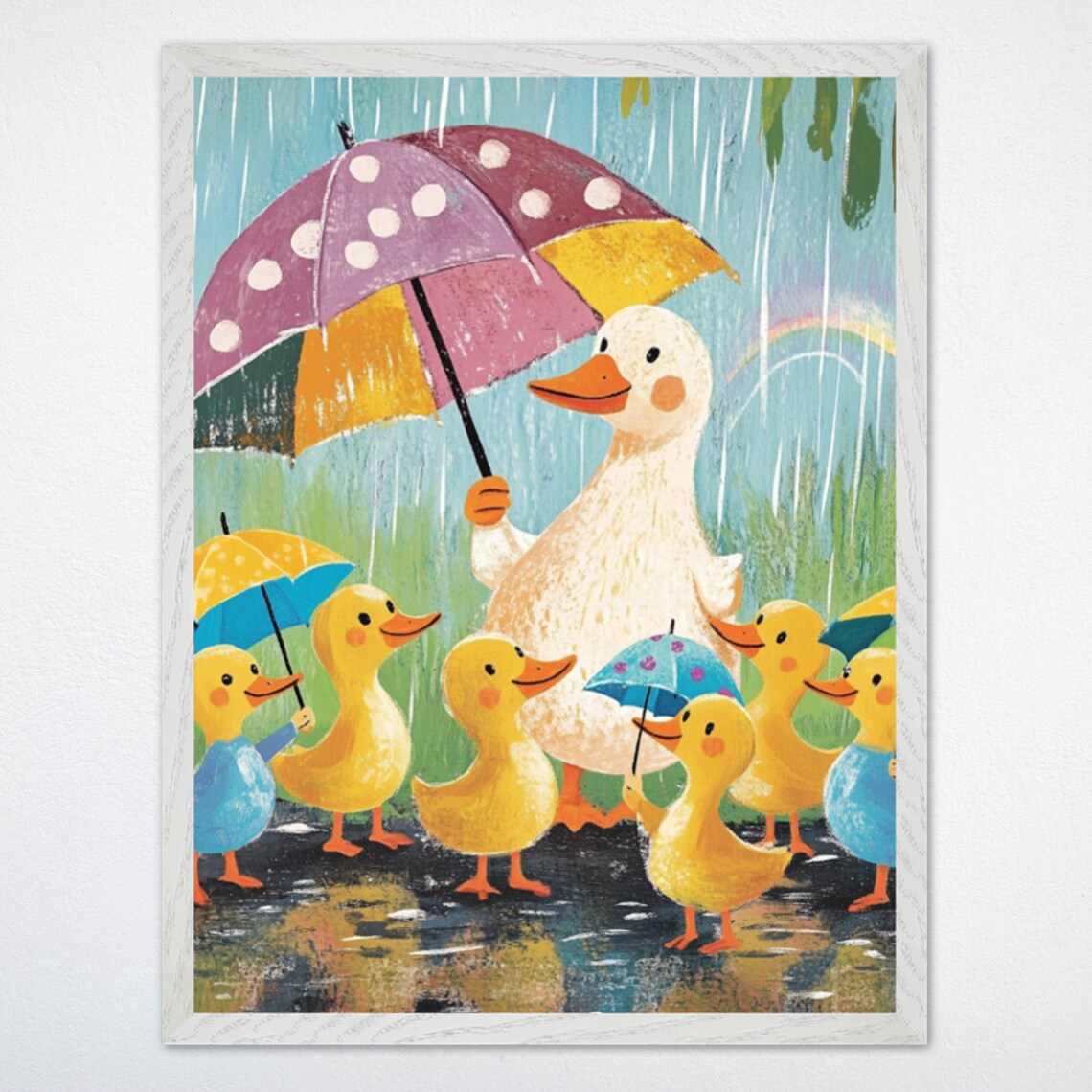 Mama Duck and Ducklings with Umbrellas in the Rain Kids Poster