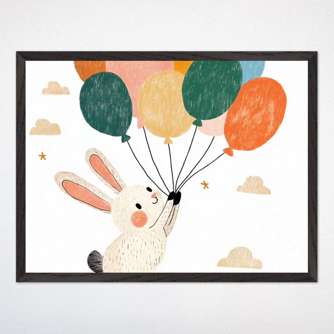 Bunny Holding Colorful Balloons Playful Whimsical Nursery Poster