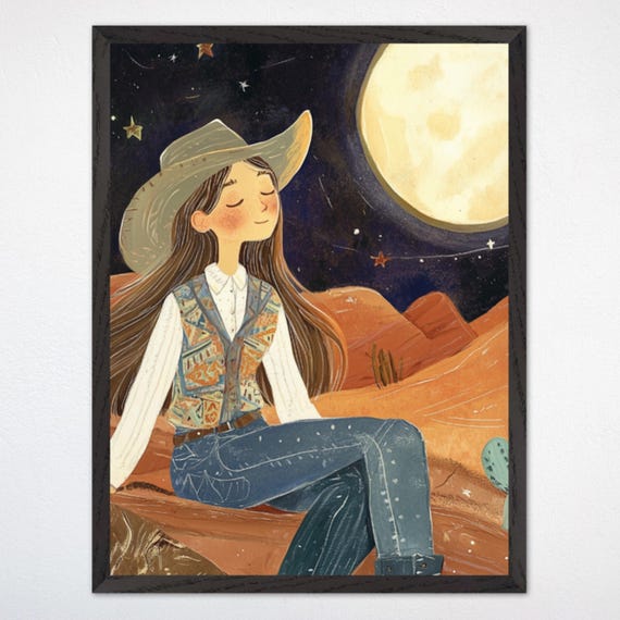 Cowgirl Western Wall Art Moonlit Desert Cowgirl Poster Western Girl Room Decor