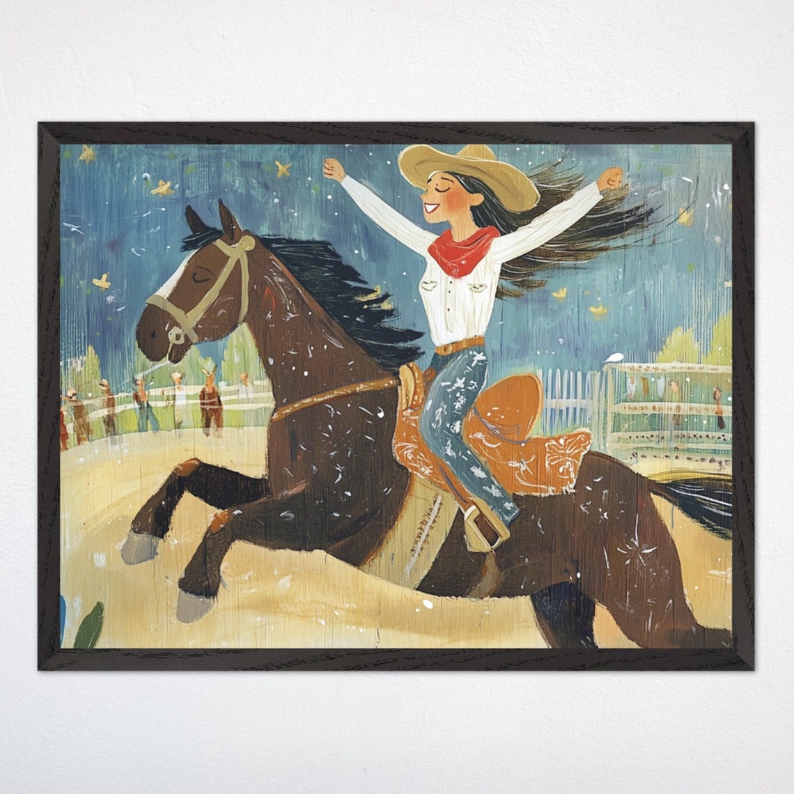 Joyful Cowgirl Riding A Galloping Horse In A Rodeo Arena Poster