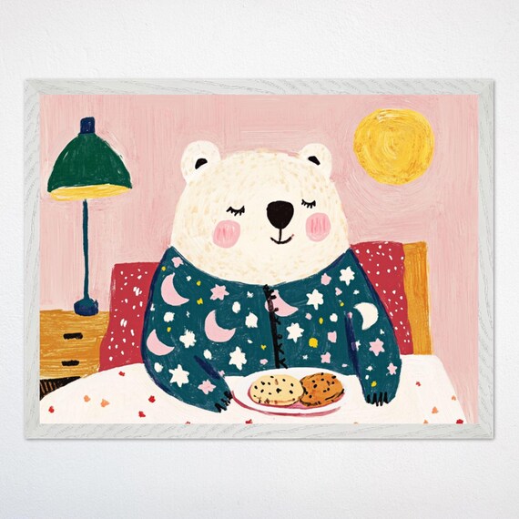 Polar Bear in Pajamas with Cookies Cozy Bedtime Nursery Poster