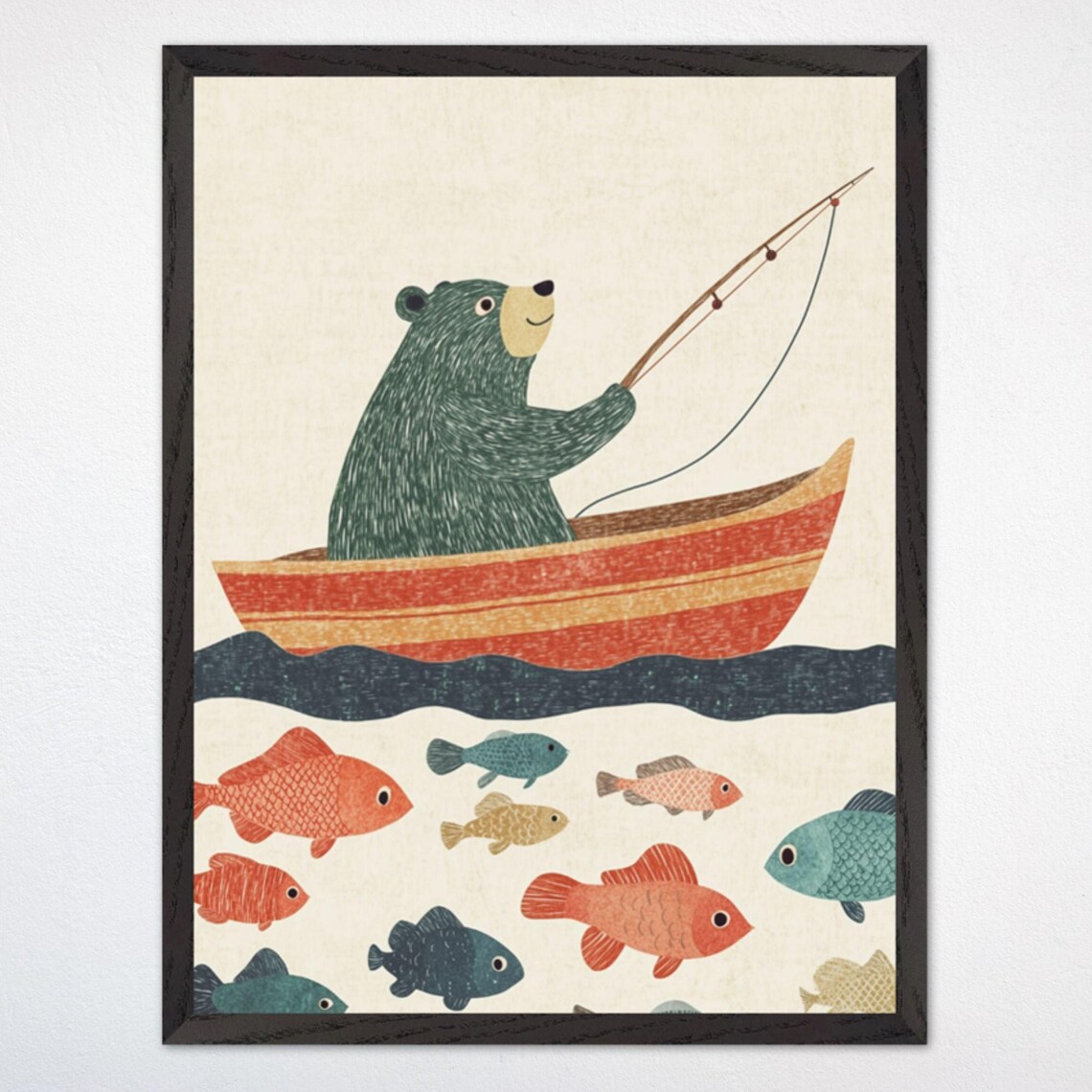 Fishing Bear Nursery Art Print, Whimsical Kids Decor