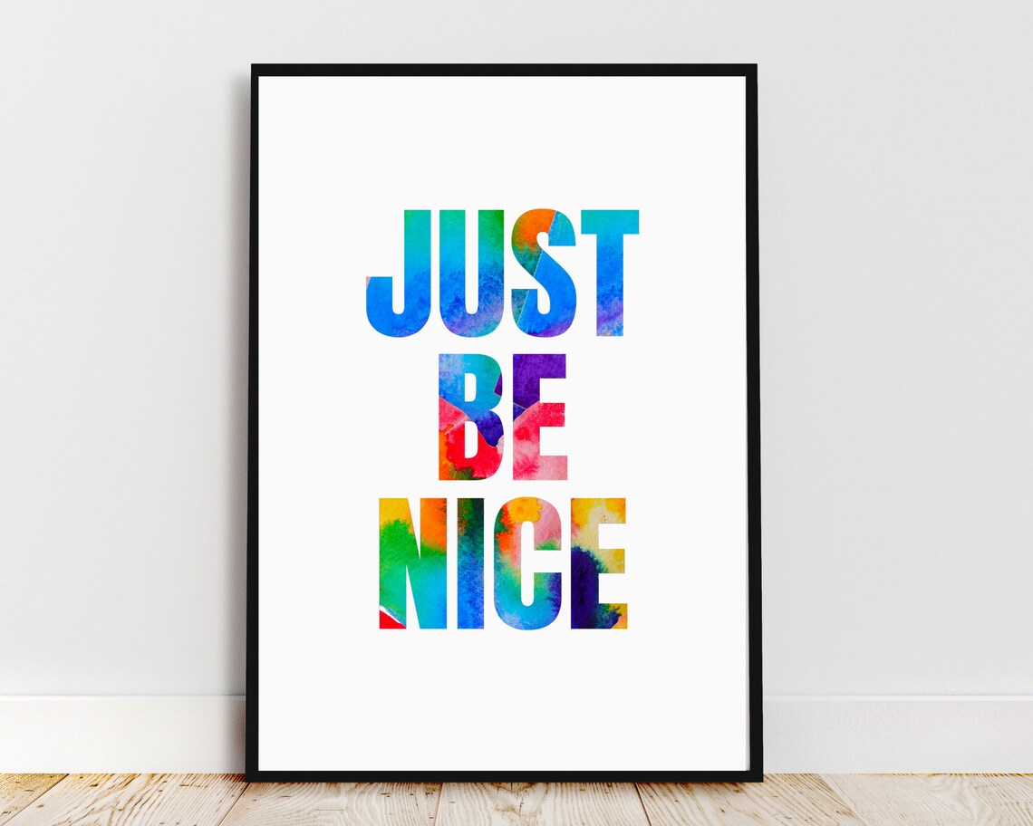 Just Be Nice Watercolor Rainbow Kindness Quote Classroom Wall Art Poster - Image 2