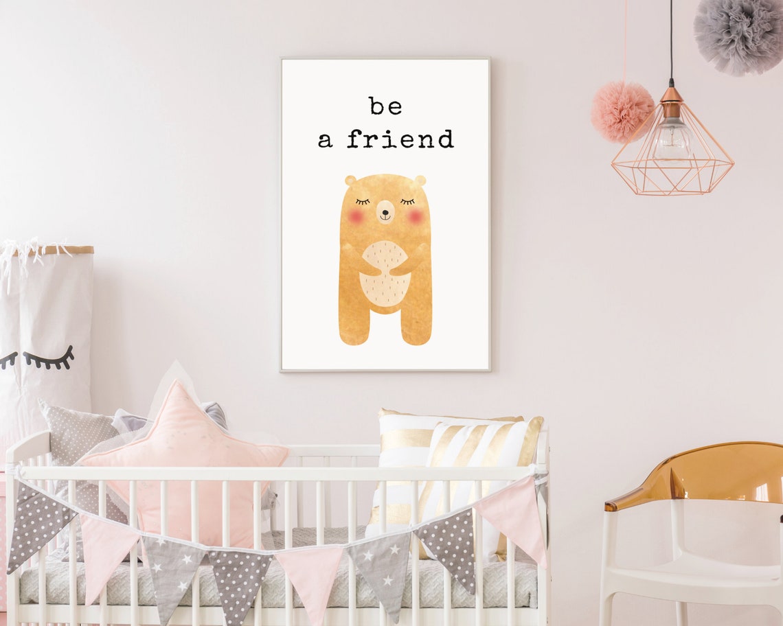 Be A Friend Watercolor Bear Kids Nursery Affirmation Wall Art - Image 2