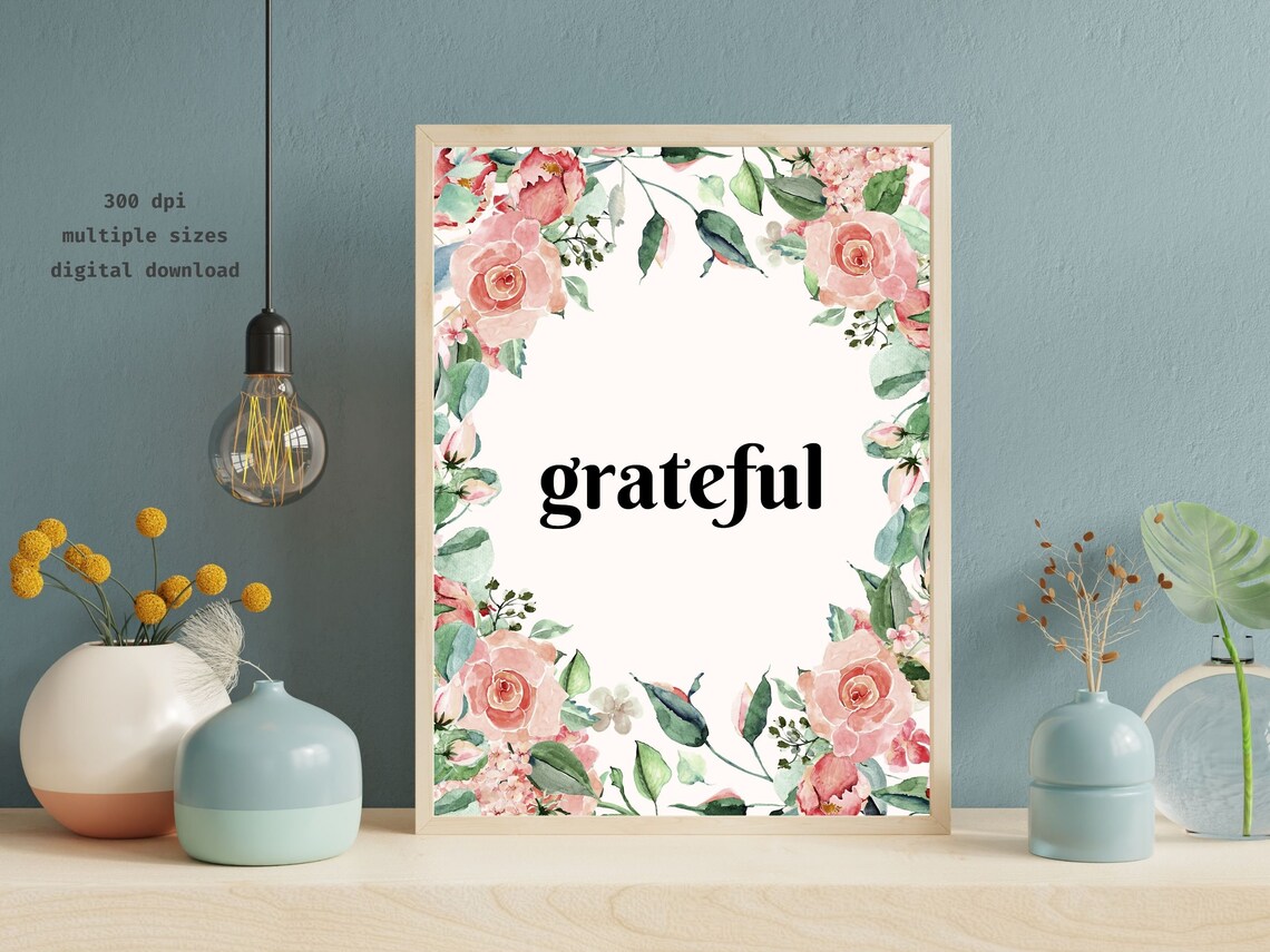 Grateful Watercolor Floral Wreath Pink Roses Botanical Wall Print - Image 3