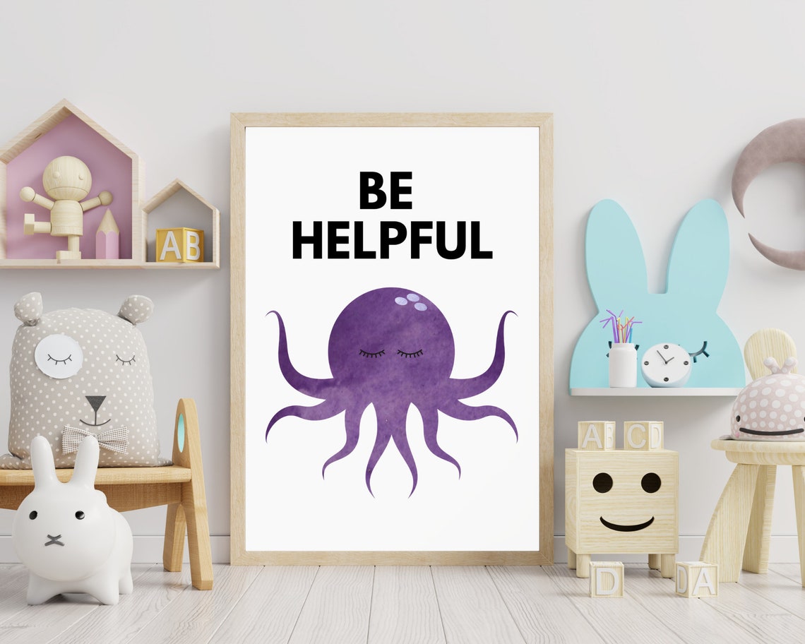 Be Helpful Purple Watercolor Octopus Nursery Affirmation Poster - Image 3