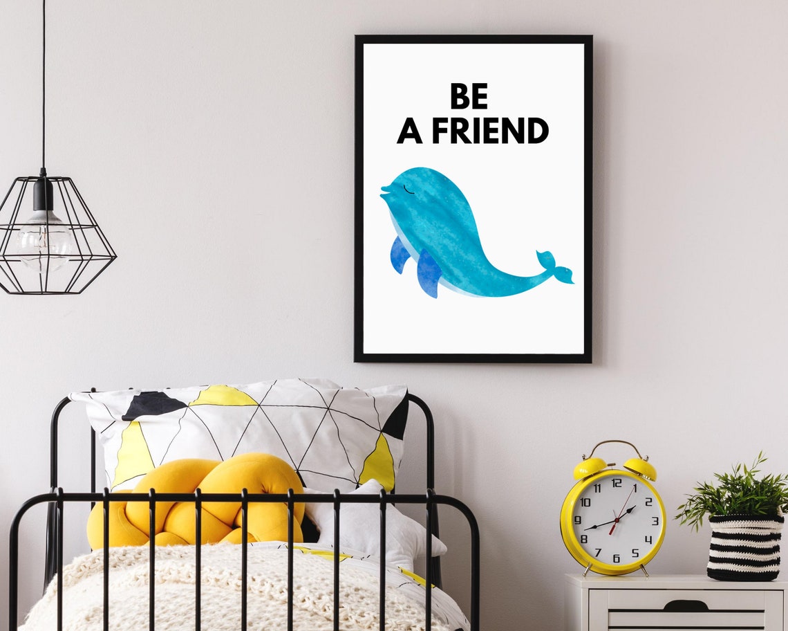 Be a Friend Blue Watercolor Dolphin Nursery Affirmation Poster - Image 3