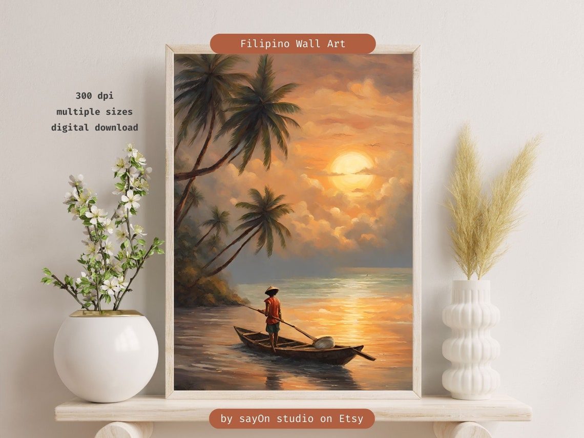 Tropical Fisherman Sunset Palm Beach Ocean Painting Coastal Art Poster - Image 5