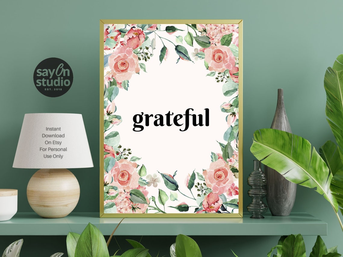 Grateful Watercolor Floral Wreath Pink Roses Botanical Wall Print - Image 2