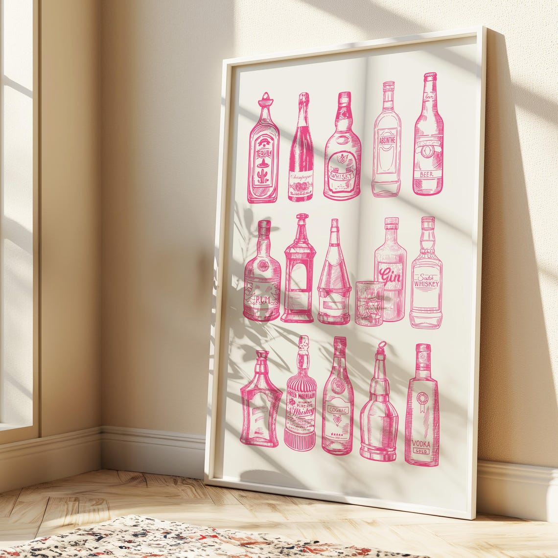 Pink Bar Bottles Line Art Sketch Tequila Whiskey Gin Vodka Poster - Image 4