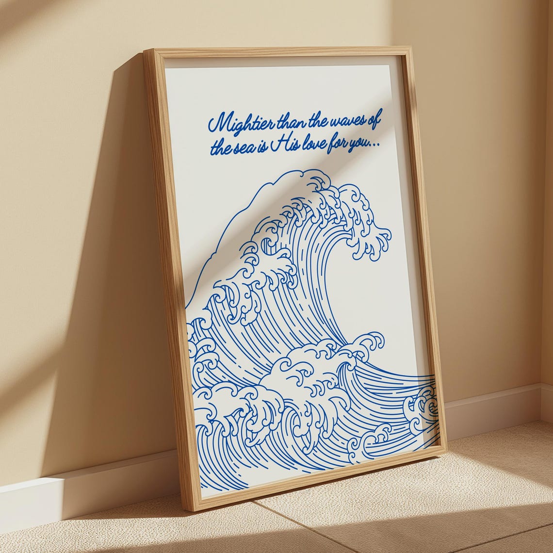 Mightier Than The Waves Faith Quote Blue Ocean Line Art Poster