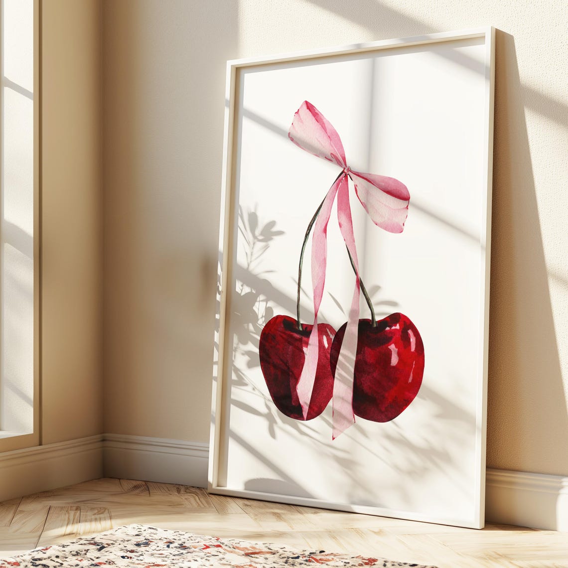 Watercolor Cherry With Pink Bow Coquette Kitchen Wall Poster - Image 4