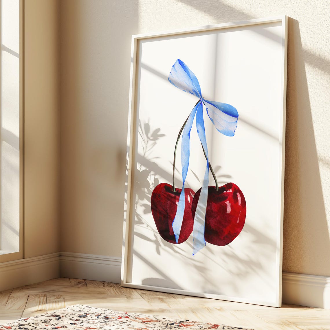 Watercolor Cherries Blue Bow Trendy Coquette Room Decor Poster - Image 4