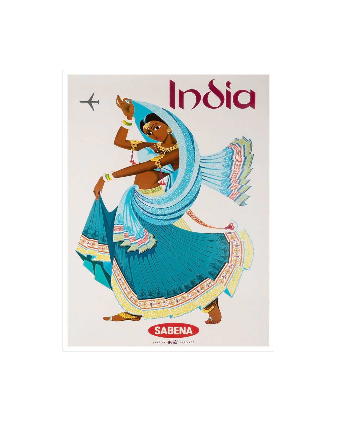 Sabena India Blue Sari Dancer Vintage Belgian Airline Travel Poster