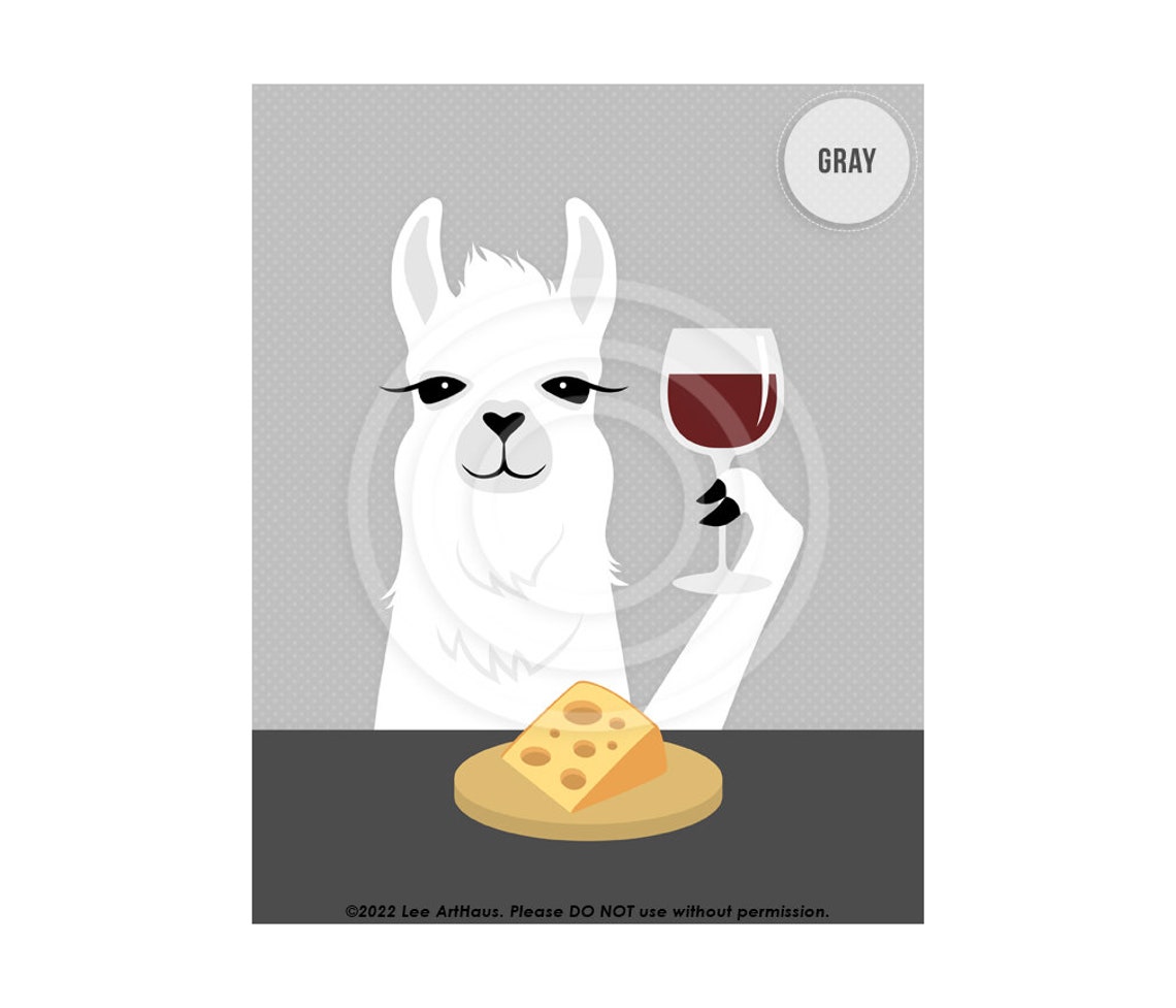 White Llama Drinking Wine With Cheese Cartoon Funny Animal Art Poster - Image 2
