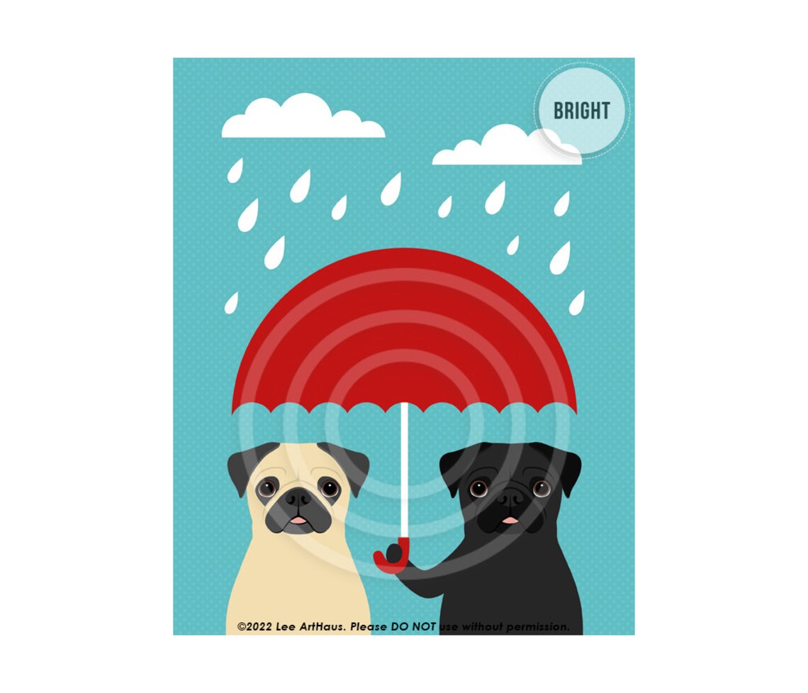 Two Pugs Under Red Umbrella in Rain Cute Funny Dog Art Print Poster - Image 2
