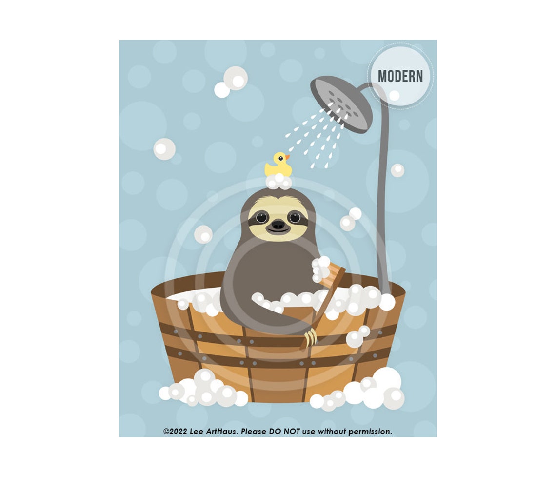 Sloth Relaxing Bubble Bath Wooden Tub Bright Teal Funny Wall Art - Image 2