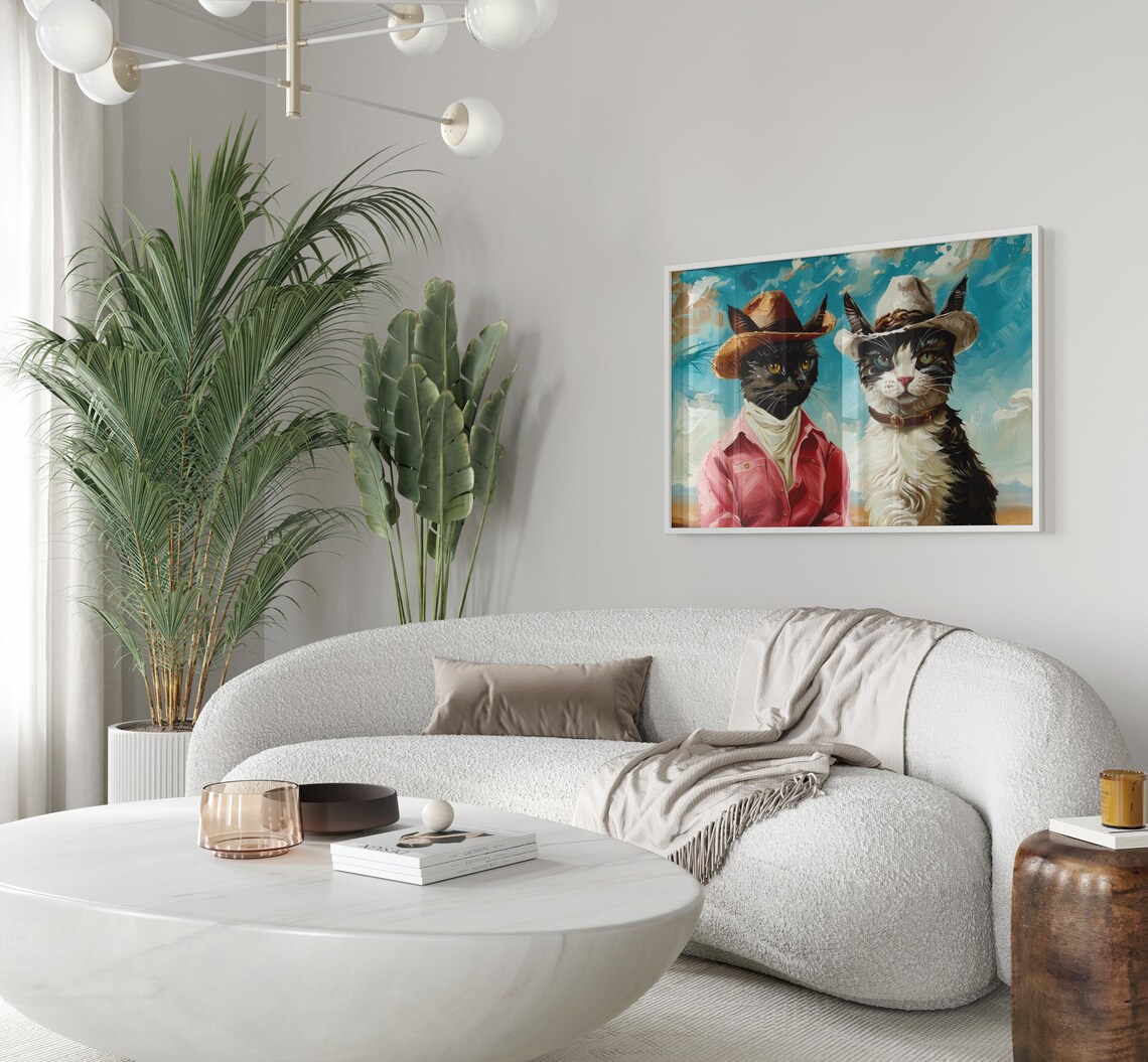 Two Cowboy Cats in Cowboy Hats Under a Desert Sky Painting Poster - Image 3