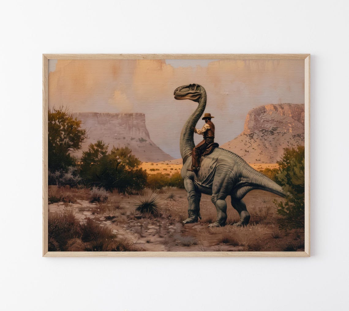 Vintage Dinosaur Cowboy Oil Painting Print Western Jurassic Dinosaur Print Gift For Him Funny Print Vdc16