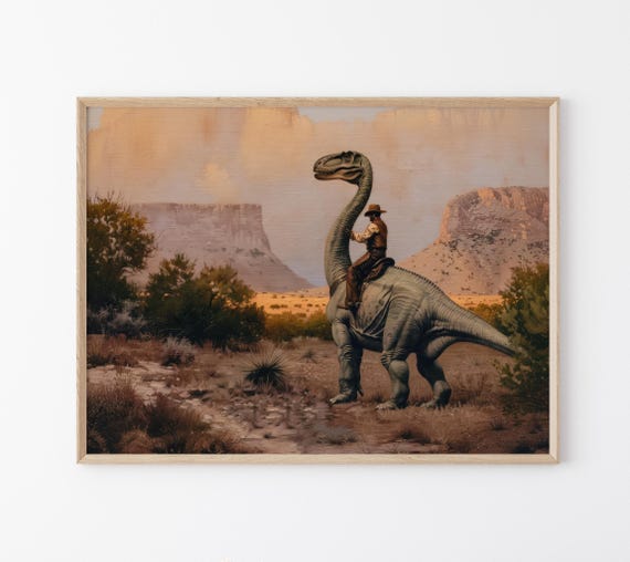 Vintage Dinosaur Cowboy Oil Painting Print Western Jurassic Dinosaur Print Gift For Him Funny Print Vdc16