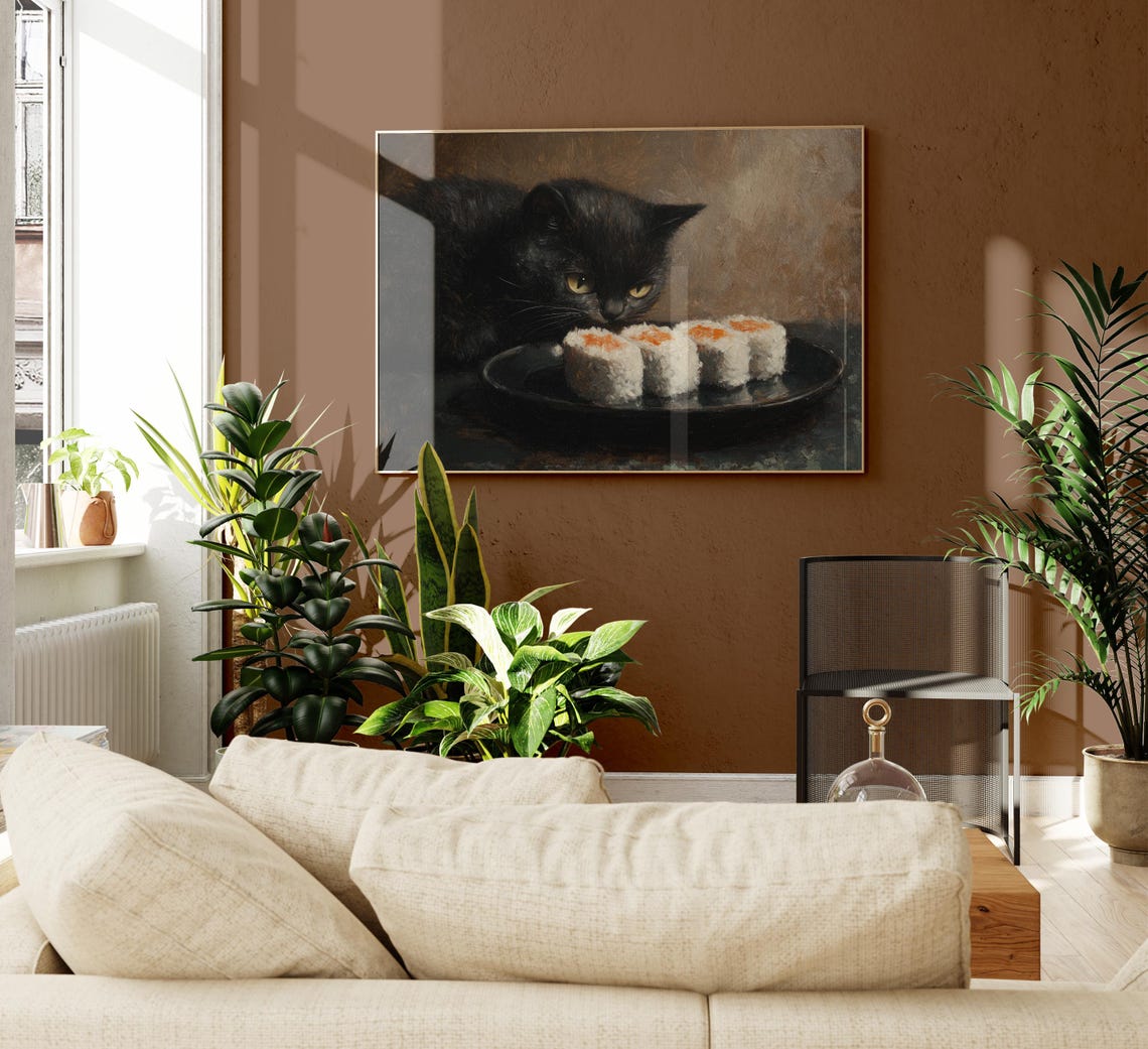 Black Cat Sushi Oil Painting Print Tokyo Art Print Oishii Cat Print Delicious Japanese Food Art Kitchen Wall Art Sushi Art Bcs7 - Image 2