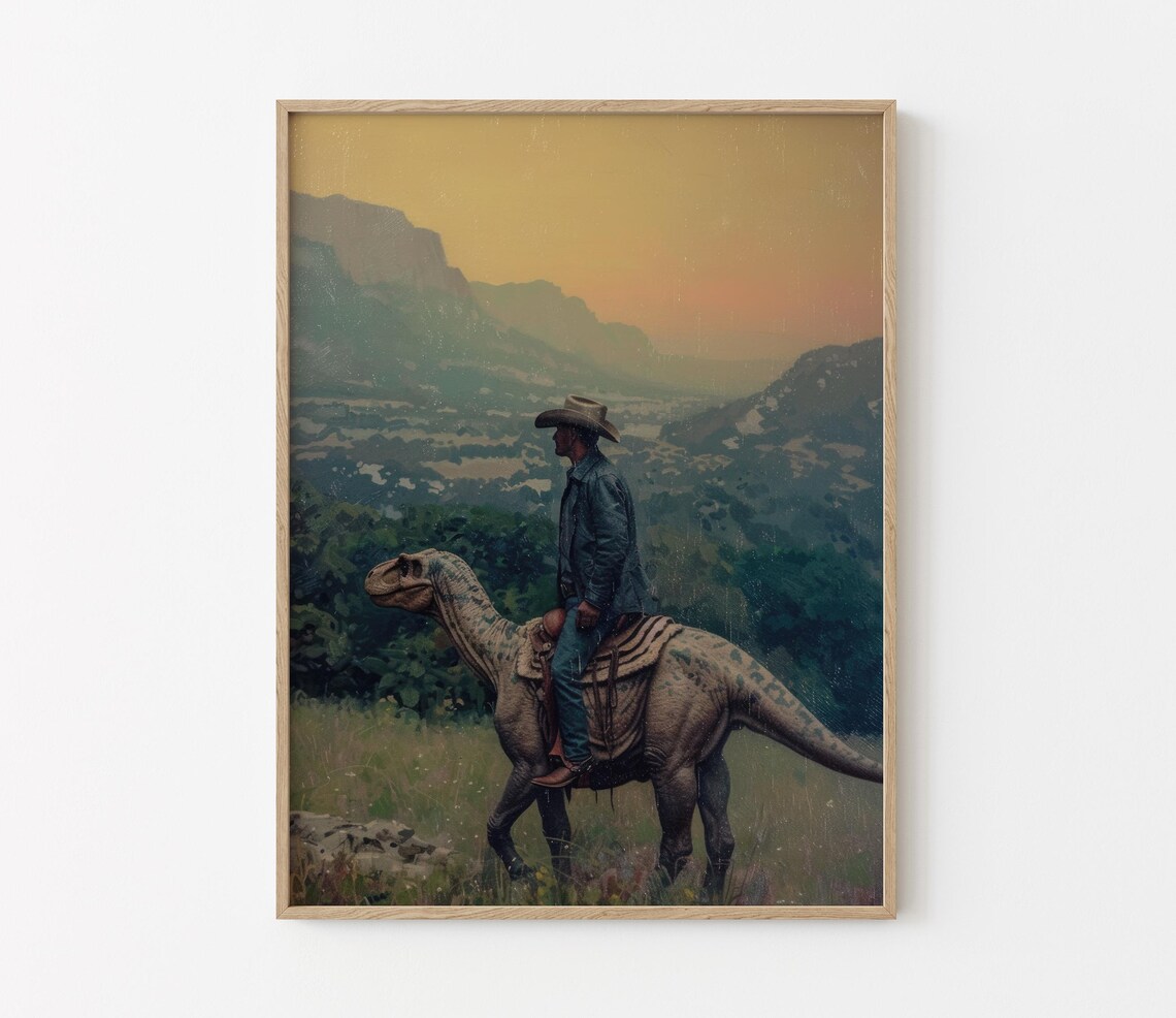 Vintage Dinosaur Cowboy Oil Painting Print, Western Humor