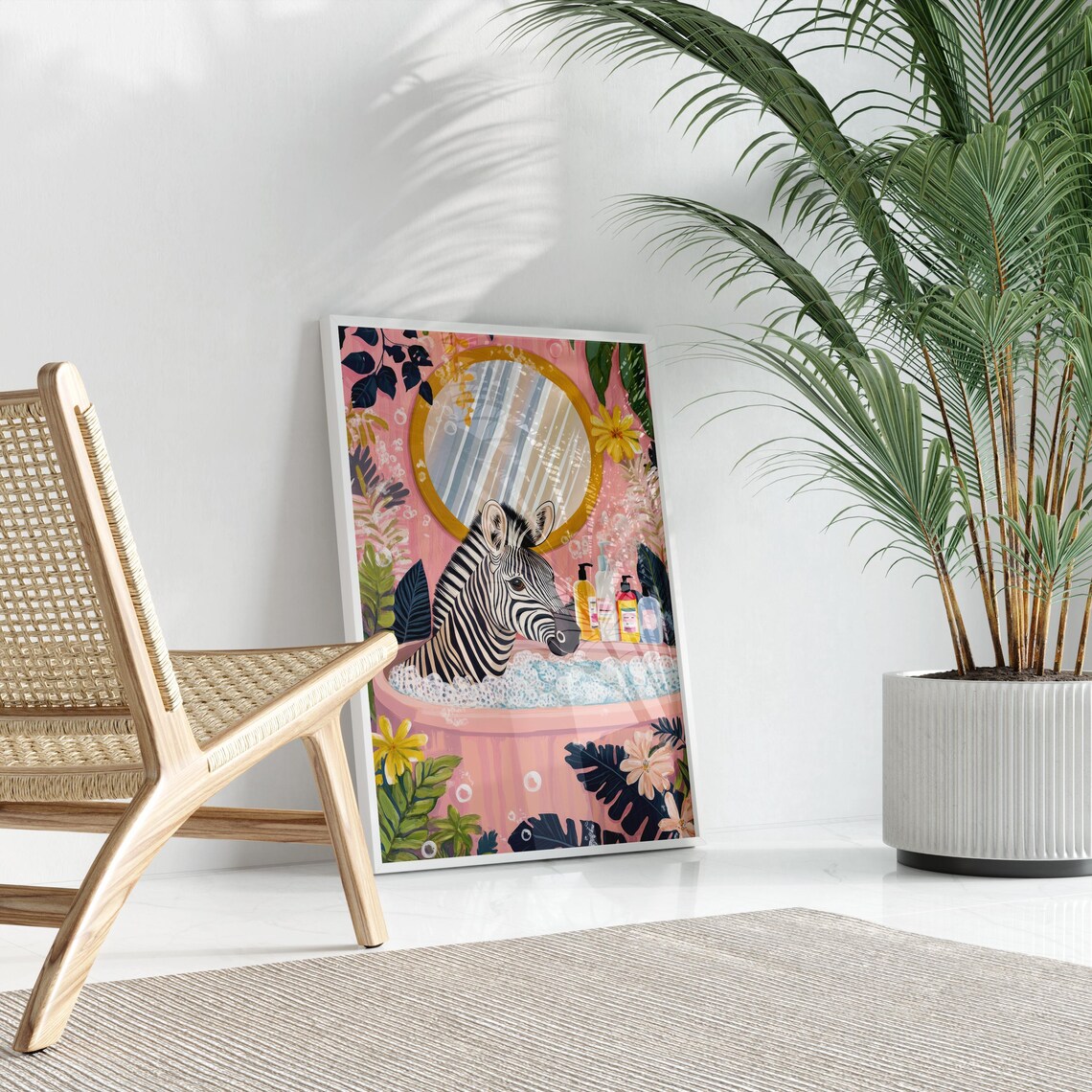 Zebra Relaxing in a Pink Bathtub With a Round Mirror Bathroom Poster - Image 3