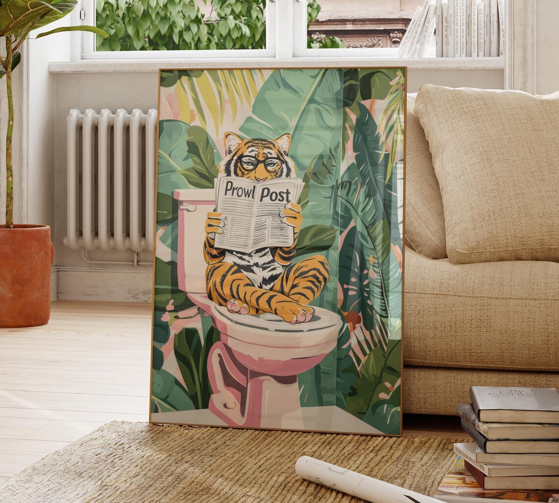 Tiger Crossed Paws Reading Prowl Post On Toilet Jungle Funny Poster - Image 4
