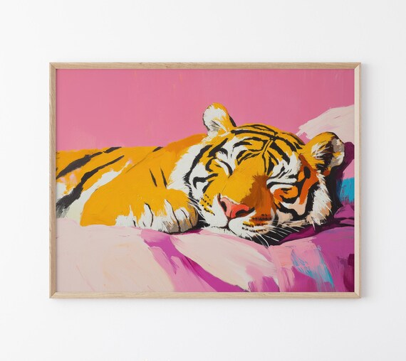 Sleeping Tiger Pink Blanket Right Facing Colorful Modern Poster