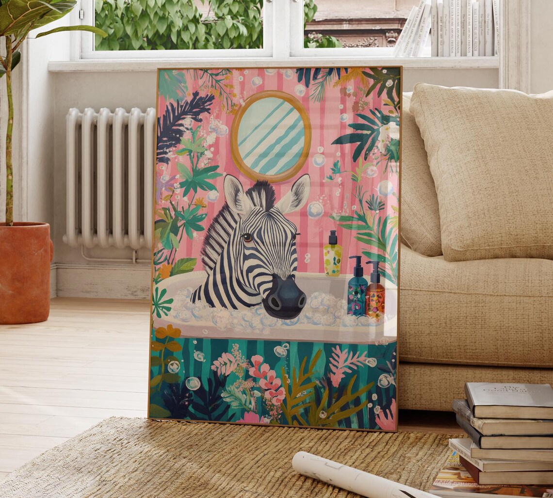Zebra in a Bubble Bath With Oval Mirror Pink Bathroom Poster - Image 4