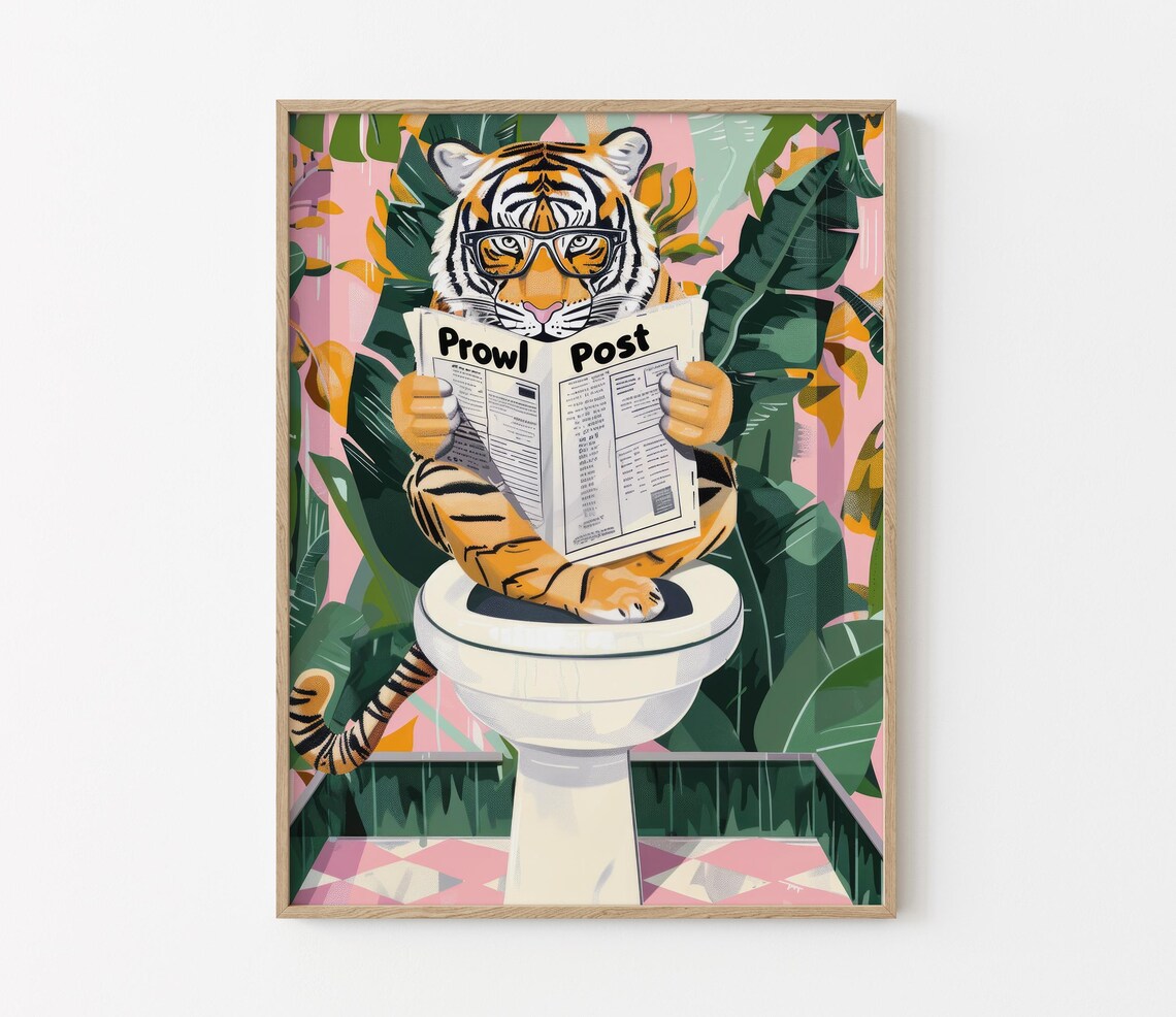 Tiger Black Glasses Prowl Post Toilet Pink Tiled Floor Funny Poster