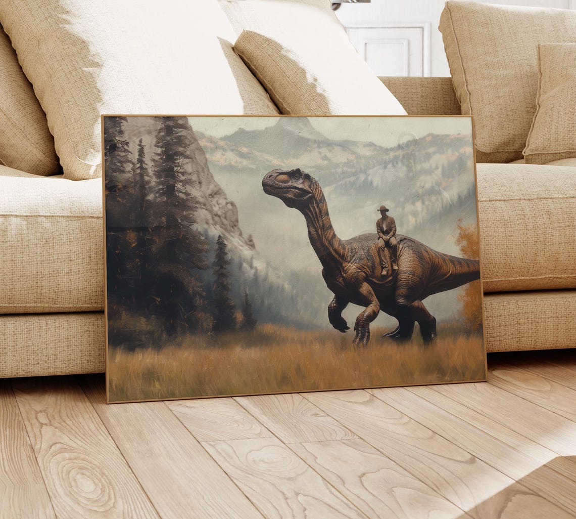 Vintage Dinosaur Cowboy Oil Painting Print Western Jurassic Dinosaur Print Gift For Him Funny Print Vdc15 - Image 4
