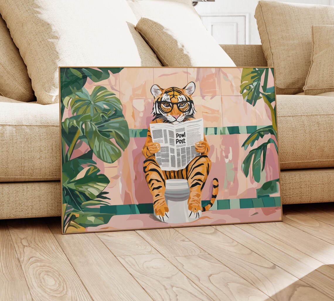 Tiger With Glasses Reading Powl Post On Toilet Tropical Funny Poster - Image 4