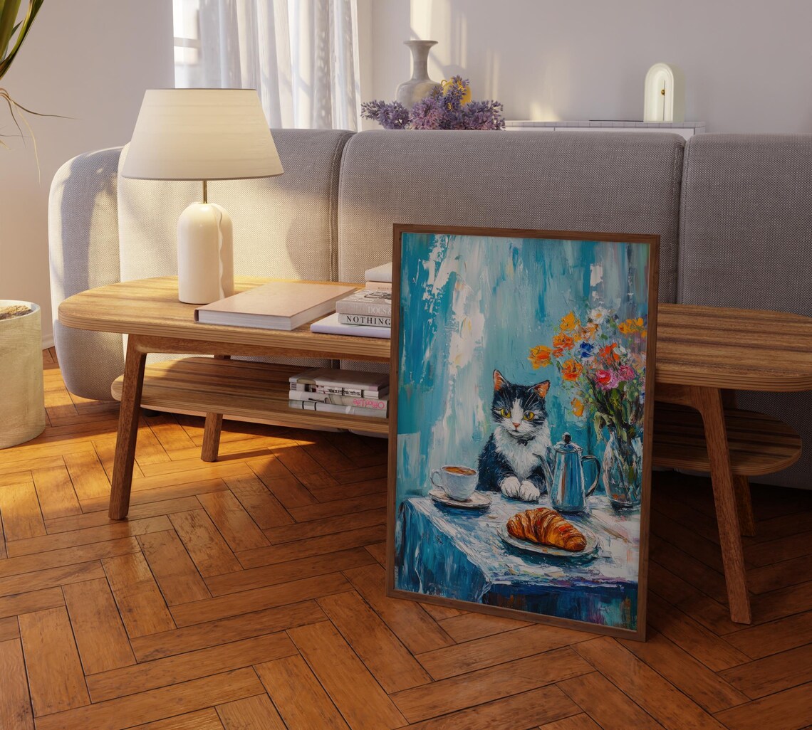 Tuxedo Cat at Blue Cafe Table with Coffee and Croissant Print - Image 2
