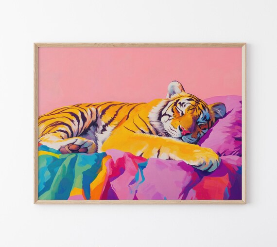 Sleeping Tiger On Purple Pillow Teal Blanket Maximalist Poster