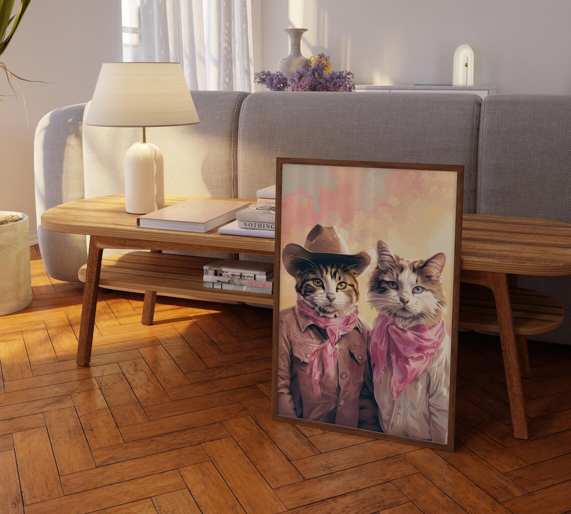 Cowboy Cats Oil Painting Poster with Tabby Pair at Golden Hour - Image 2