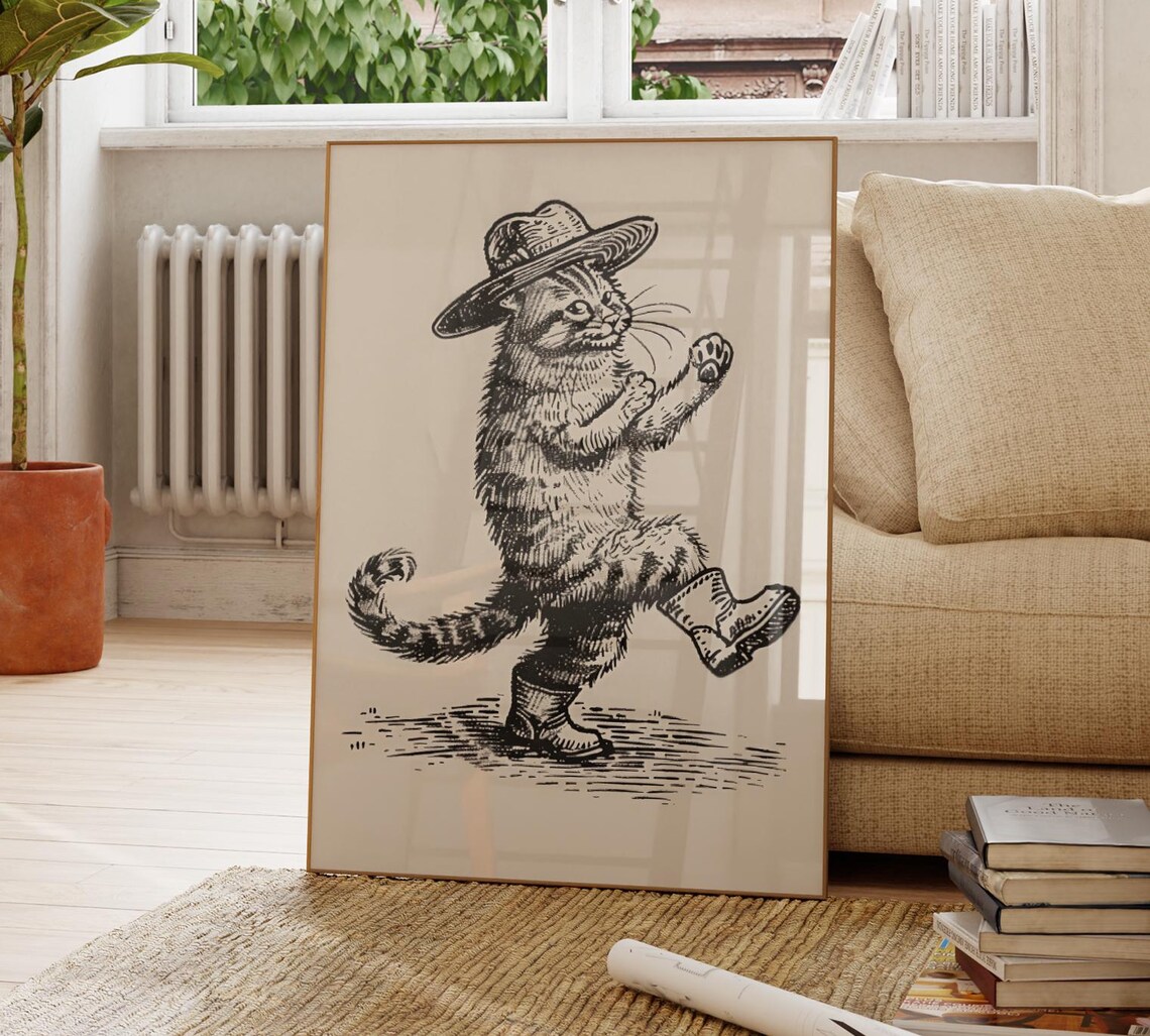 Strutting Cowboy Cat Dance Move Wide Brim Hat Western Sketch Poster - Image 4
