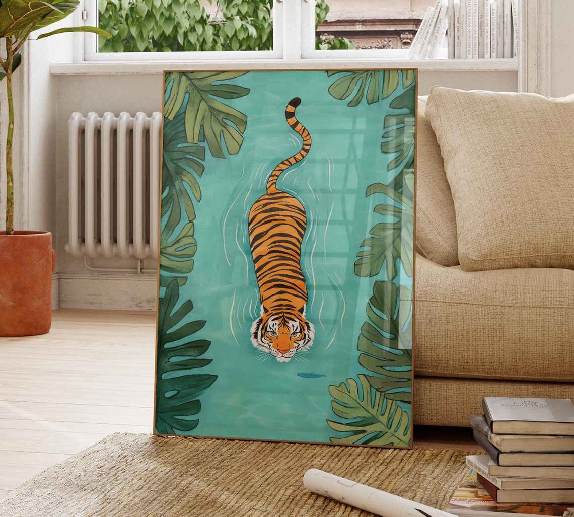 Tiger Swimming Turquoise River Tropical Monstera Leaves Poster - Image 4