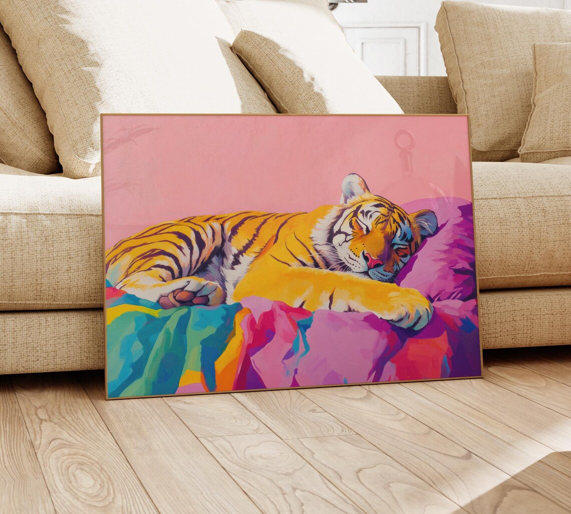 Sleeping Tiger On Purple Pillow Teal Blanket Maximalist Poster - Image 4