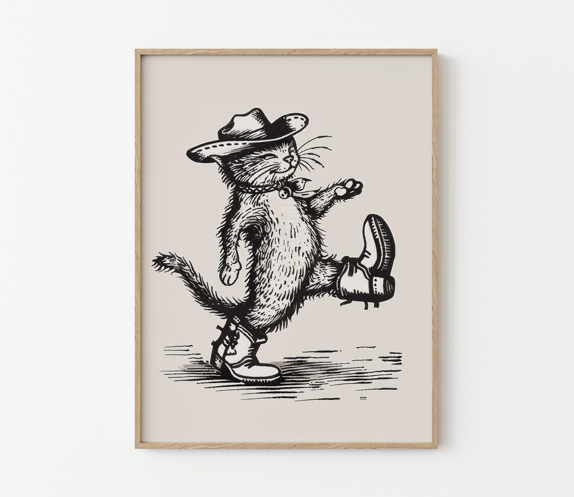Smiling Cowboy Cat Bell Collar Dance Kick Western Sketch Poster