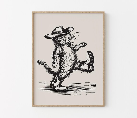 Smiling Cowboy Cat Bell Collar Dance Kick Western Sketch Poster