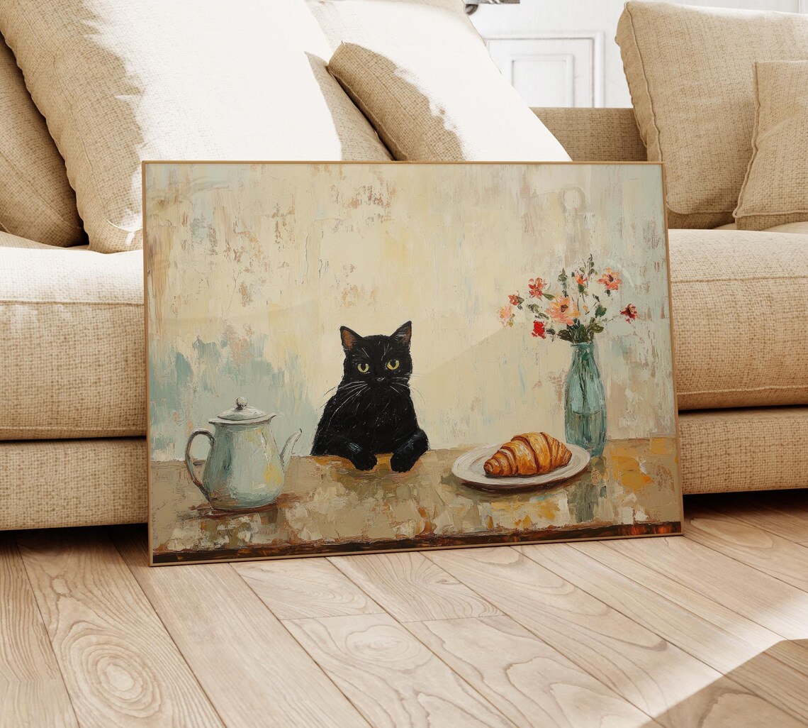 Black Cat at Rustic Wooden Table with Teapot and Croissant Print - Image 4