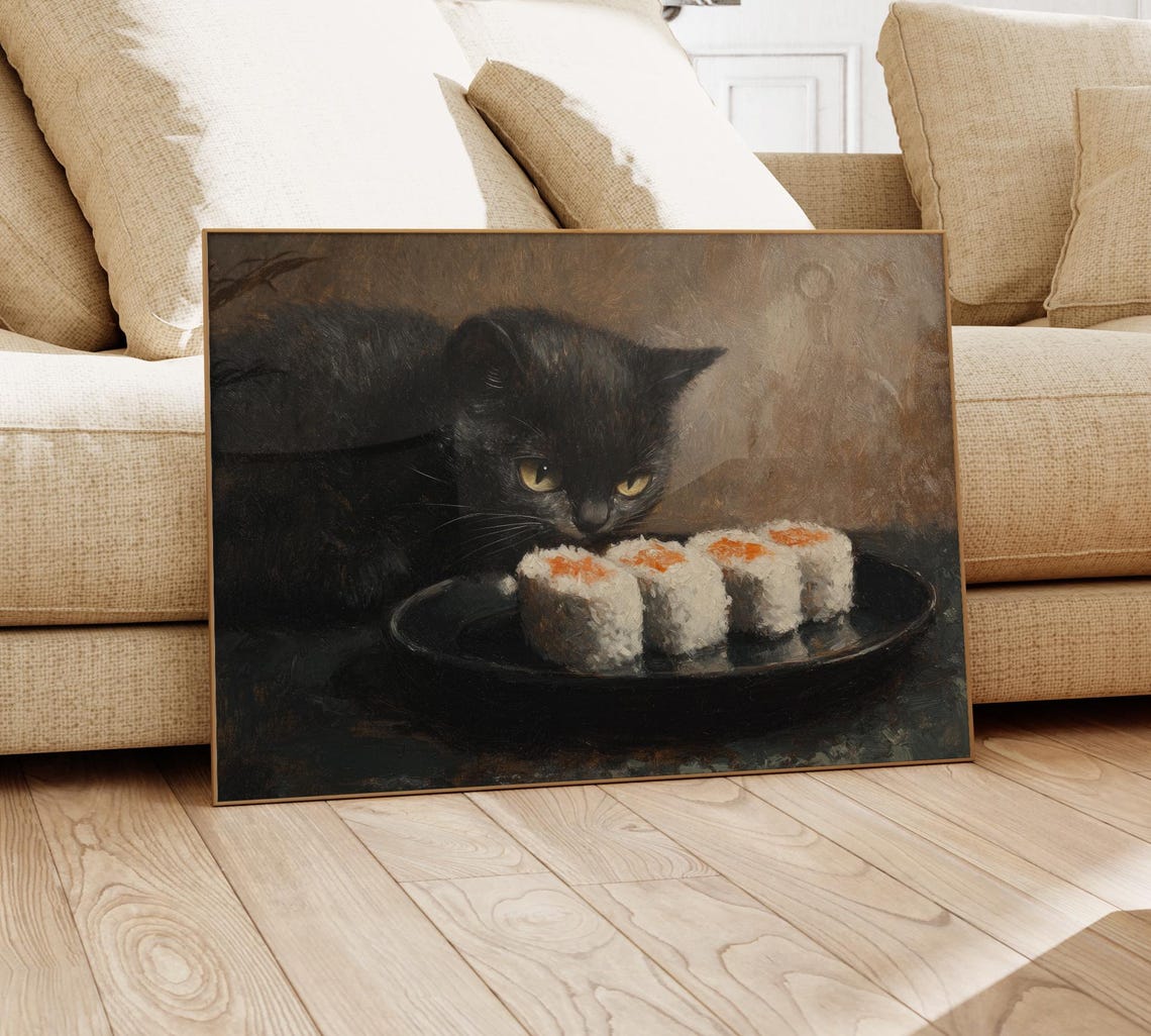 Black Cat Sushi Oil Painting Print Tokyo Art Print Oishii Cat Print Delicious Japanese Food Art Kitchen Wall Art Sushi Art Bcs7 - Image 4