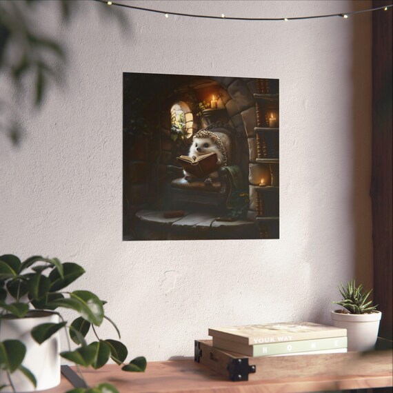 Cute Hedgehog Reading In A Vintage Library Cozy Book Lover Poster