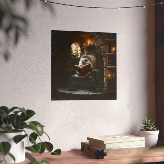 Reading Hedgehog Maximalist Eclectic Victorian Poster Print Bold Altered Animal Portrait Fantasy Fun Colorful Renaissance Rustic Art